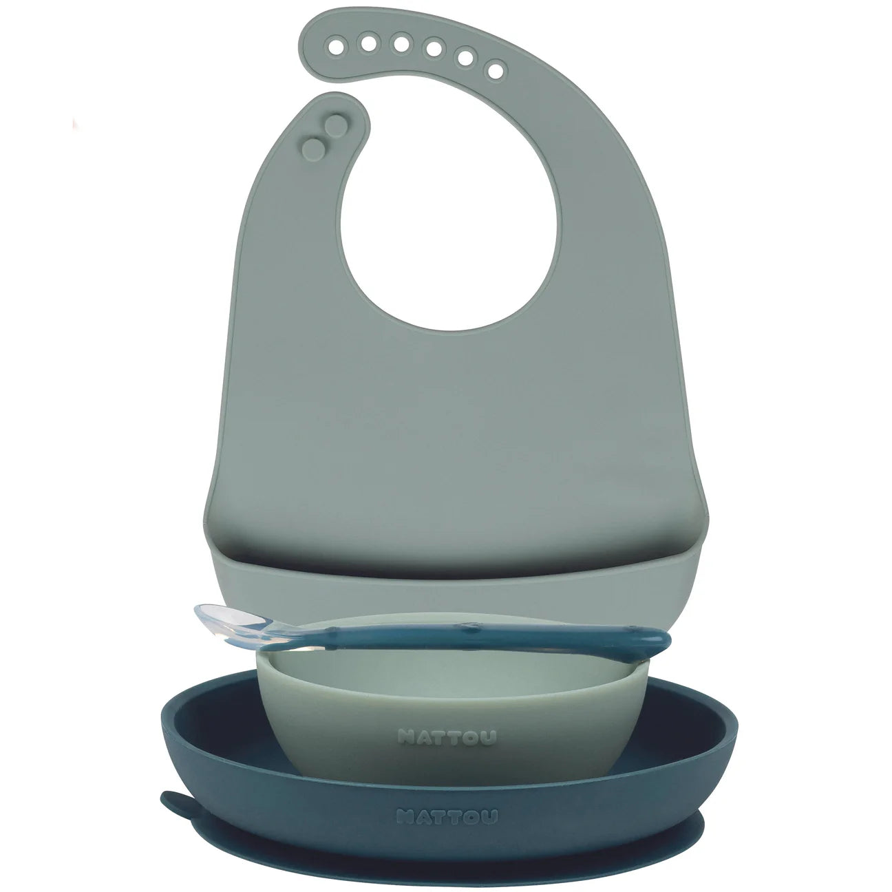 Set ushqimi silikoni 4 copë me bib – jeshile